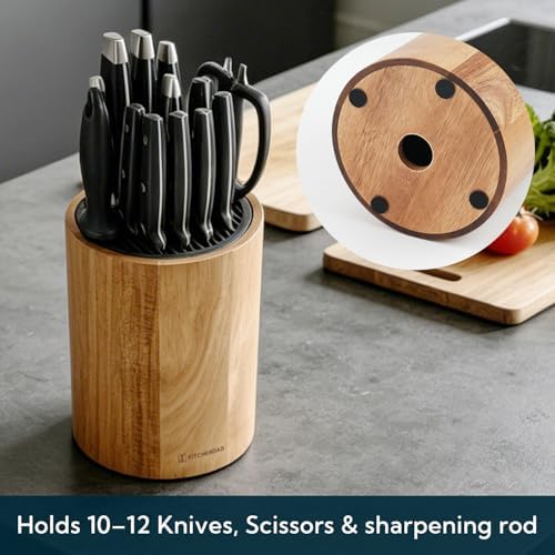 KITCHENDAO Universal Knife Block Without Knives, Acacia Wood Knife Holder, Space-Saving Round Knife Storage Organizer for Countertop, with Slots for Scissors and Sharpening Rod