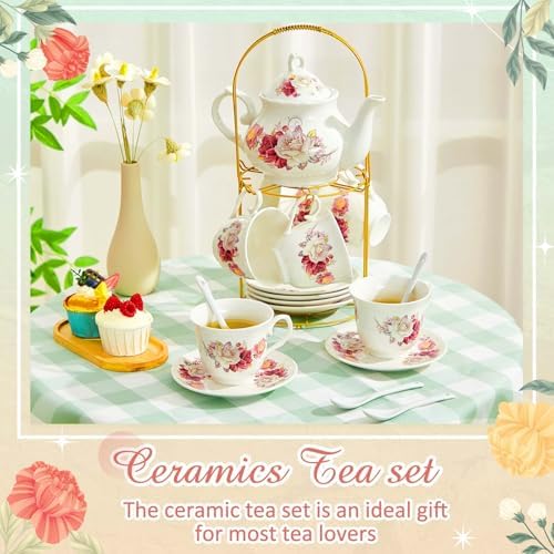 Zhehao 20 Pcs Porcelain Tea Set for Adult, with Metal Holder, Grace