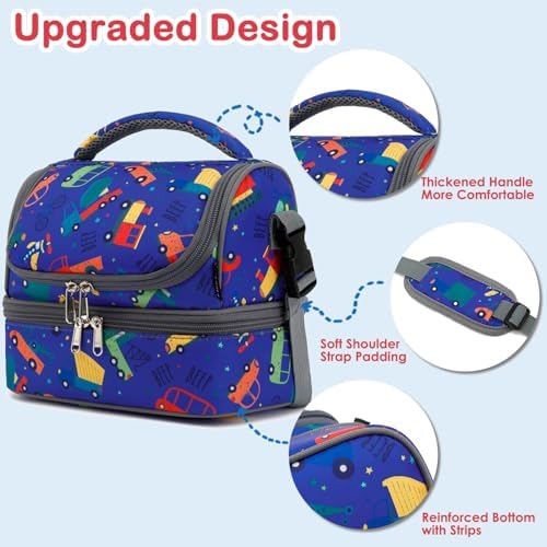 FlowFly Kids Double Decker Cooler Insulated Lunch Bag Large Tote for Boys, Girls, Men, Women, With Adjustable Strap, Car
