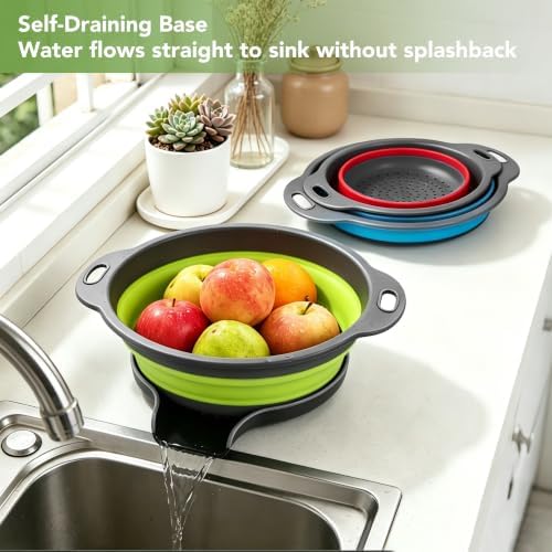 3-Pack Collapsible Colander for Kitchen with Self-Draining Base Foldable Strainers Set Round Food Drainer for Pasta Fruits and Vegetables (3QT, 4QT and 5QT)