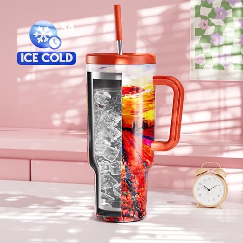 Meoky 40 oz Tumbler with Handle and Straw: Stainless Steel Insulated Tumbler with Lid and Straw - 100% Leak Proof Tumbler for Car Cup Holders - Travelers Commuters Workers, Red Floral