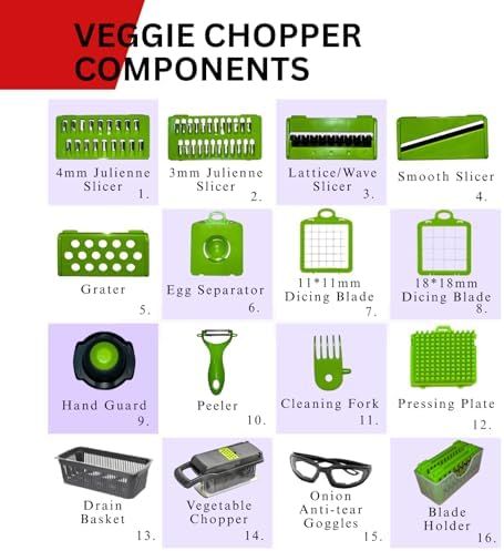 17 in 1 Vegetable Chopper Mandoline Slicer – All In One Veggie Cutter Food Grater Includes Onion Goggles, Egg Separator, Hand Guard – Sharp Stainless Steel Blades – 2 in 1 Drain Basket