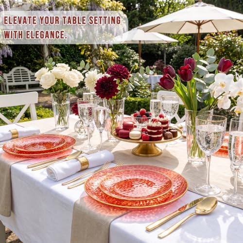 Rubtlamp 60 Pcs Red Plasitc Plates, Gold Red Disposable Plates, Fancy Party Plates, Hammered Plastic plates Include 30 Dessert Platos, 30 Dinner Platos for Party