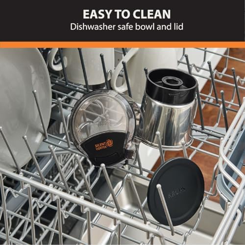 Krups, Coffee Grinder, Ultimate Silent Vortex Plastic and Stainless Steel Grinder with Removable Bowl Mess-Free, 8 Times Quieter, 2 Speeds 240 Watts, Dry Herbs, Dishwasher Safe, 12 cups ground Silver