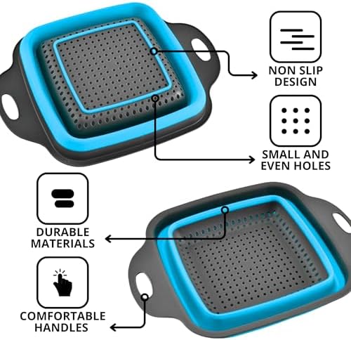 Square Collapsible Colander with Handles – Blue Square Silicone Kitchen Strainers with Plastic Handles Foldable Kitchen Strainer Perfect for Draining Pasta Vegetable and Fruit Blue