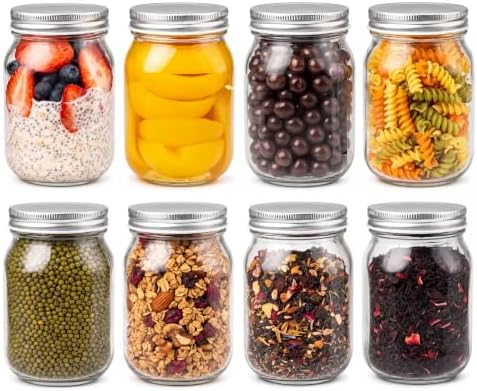 YINGERHUAN Glass Regular Mouth Mason Jars, 16 oz Clear Glass Jars with Silver Metal Lids for Sealing, Canning Jars for Food Storage, Overnight Oats, Dry Food, Snacks, Candies, DIY Projects (8PACK)