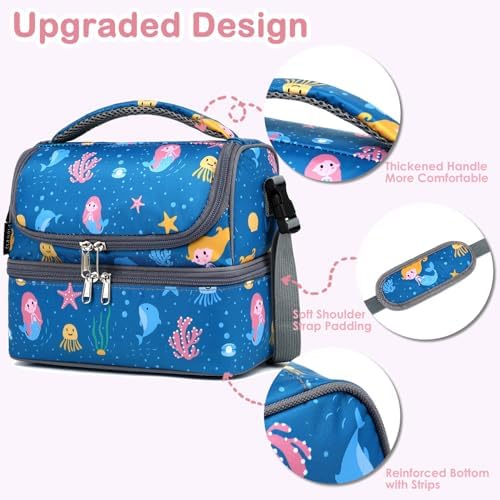FlowFly Double Decker Cooler Insulated Lunch Bag Large Tote for Boys, Girls, Men, Women, With Adjustable Strap (Blue-Mermaid)