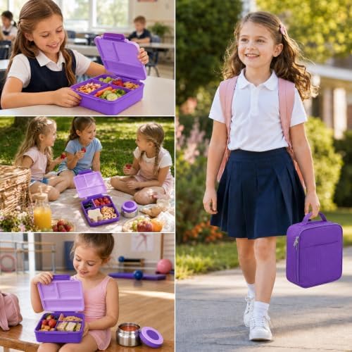 Itslife Bento Lunch Box for Kids with 8oz Soup Thermo&Lunch Bag, Leak-Proof Lunch Food Containers with 4 Compartment, Hot Food Insulated Food Jar for Kids School (Purple)
