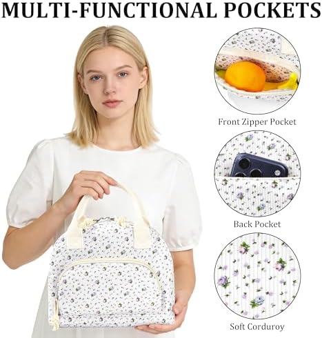 TESAFNG Lunch Bag - Insulated Lunch Box for Women, Reusable Large Capacity Cooler Bag for Adult, Small Leakproof Cute Corduroy Lunch Tote for Work Office Travel Picnic (Purple Flower)