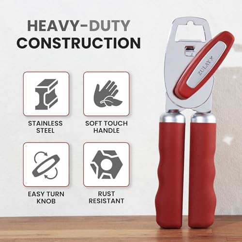 Zulay Kitchen Manual Can Opener Heavy Duty Patented Stainless Steel, Red