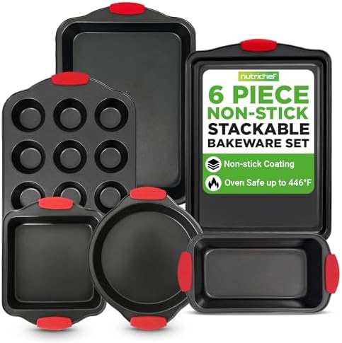 NutriChef Baking Pans Set - 6 Piece Bakeware with Nonstick Carbon Steel for Easy Release and Cleanup, Durable and Versatile Design, Includes Cookie Sheet, Loaf Pan, Muffin Tin & More