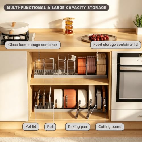 Magheo 2 Pack Pots and Pans Organizer Under Cabinet, Expandable 12.6"-22.8" Kitchen Cabinet Organizer Holder with 10 Adjustable Dividers for Food Storage Container Lid, Cookie Sheet, Cookware(Gray)