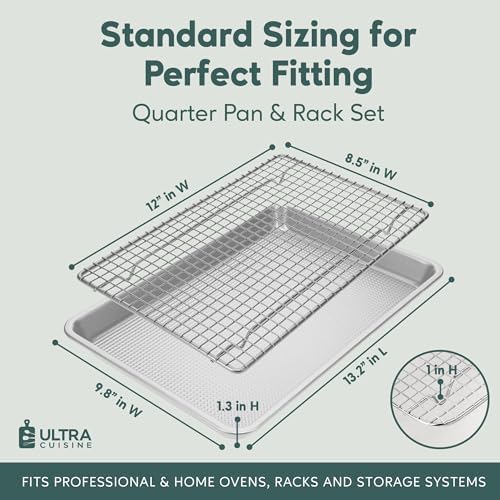 Ultra Cuisine Quarter Sheet Pan with Wire Rack Set - Includes Premium Aluminum Baking Sheet with 100% Stainless Steel Baking Rack, Cookie Cooling Racks with 1/4 Pan Commercial Quality (Pack of 2)