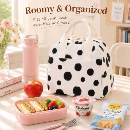 LOVELYWIND Lunch Box for Women, Insulated Lunch Bag, Black Dot Tote