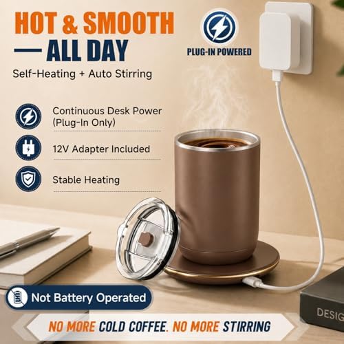 Self Stirring Coffee Mug, 10 oz Heated Mug with Magnetic Stirring，Brown