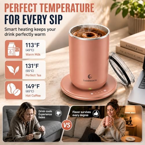 Self Heated Stirring Coffee Mug, 10oz Auto Mixing Cup with Warmer, Rose