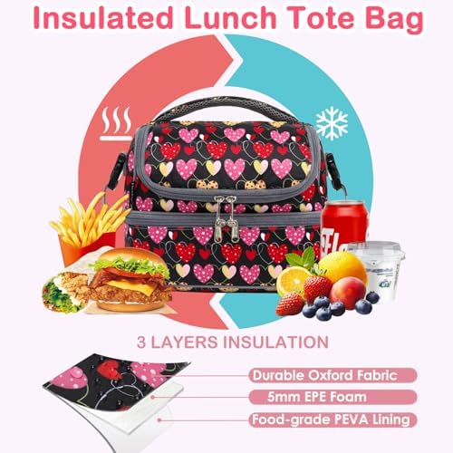 FlowFly Double Decker Cooler Insulated Lunch Bag Large Tote for Boys, Girls, Men, Women, With Adjustable Strap,Heart