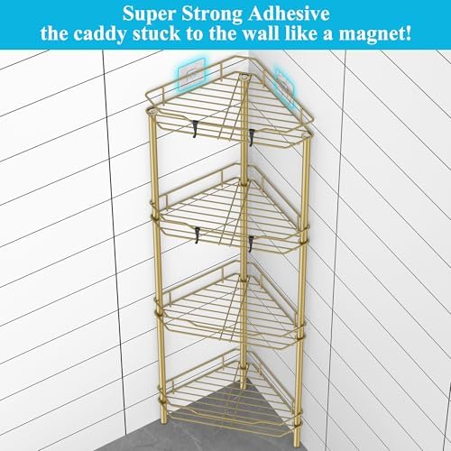 HuggieGems Metal Floor Standing Corner Shower Caddy, Gold, 4 Tier