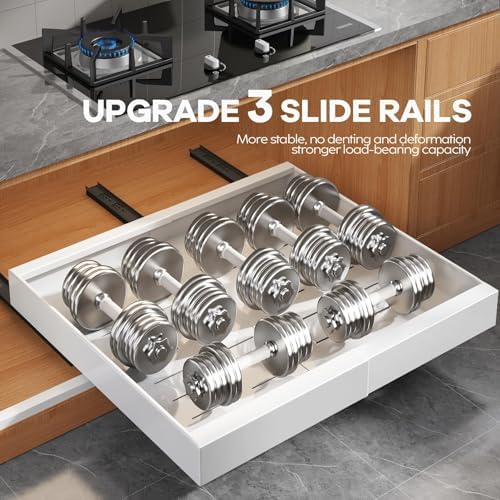 Seinloes 2 Pack Pull Out Cabinet Organizer for Wide Cabinets,Expandable 15.1"-26.3" Width,21" Deep Slide Out Drawers With Raising Pad for Framed Cabinets,3 Slide Rails,No Drill Roll Out Shelves,White