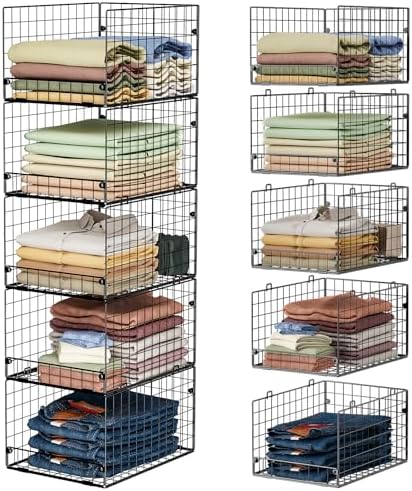 5-Tier Stackable Closet Storage Baskets, Closet Organizers and Storage Shelves, Foldable & Stackable Clothes Storage Bins for Closet System, Closet Shelf Organizer for Home,Black(Patent No. 30022416)