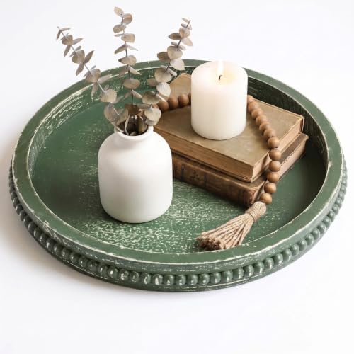 Hrastany Round Green Wood Decorative Tray, Coffee Table Tray for Ottoman