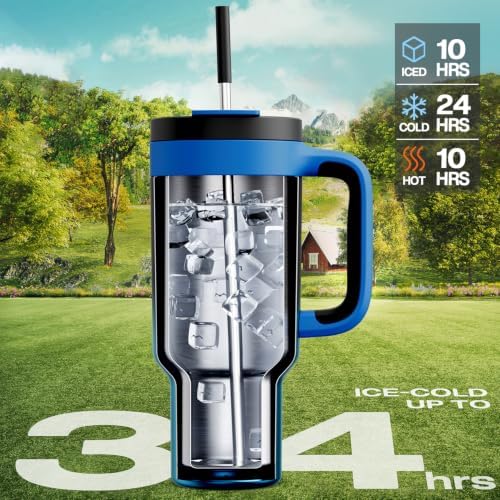 POWCAN 40 oz Tumbler with Handle, 2-in-1 Straw and Sip Lid, Leakproof, Dishwasher Safe, Insulated Stainless Steel Travel Coffee Mug, Keeps Cold for 34 Hours, Fits in Car Cup Holder (Mariner)