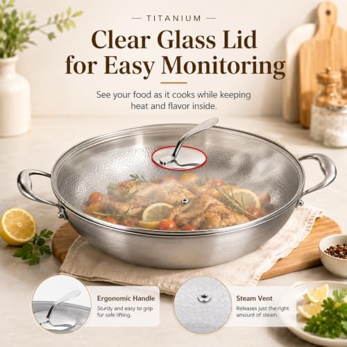 14 Inch Titanium Hammered Wok with Double Handles, Frying Pans Nonstick, Non-Stick Wok, Scratch-Resistant Non Stick Titanium Pans for Cooking,with lid