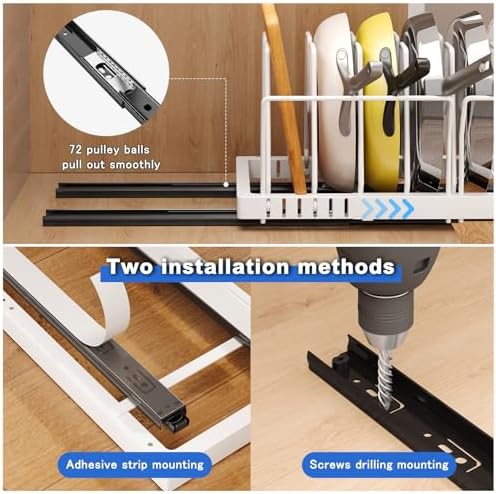 Mustorn Pots and Pans Organizer Under Cabinet, 21.6" Deep Pull Out Pot Lid Organizer Holder with Guardrail Adhesive Pot and Pan Holder Rack with 10 Adjustable Dividers-1 Pack(White)