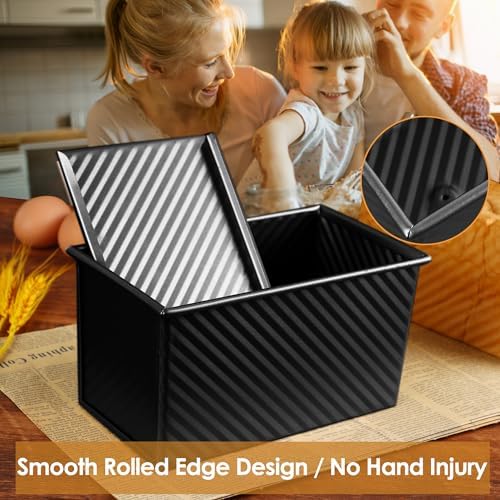 1lb Bread Pan with Dough Scraper Cutter, 8.4 X4.8inch Black Bread Loaf Pan, Rectangular Covered Metal Pullman Loaf Pan with Lid for Homemade Sandwich Bread