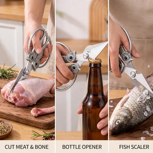 XSNBRD Kitchen Shears,Pearl Nickel Stainless Steel Owl Scissors Large