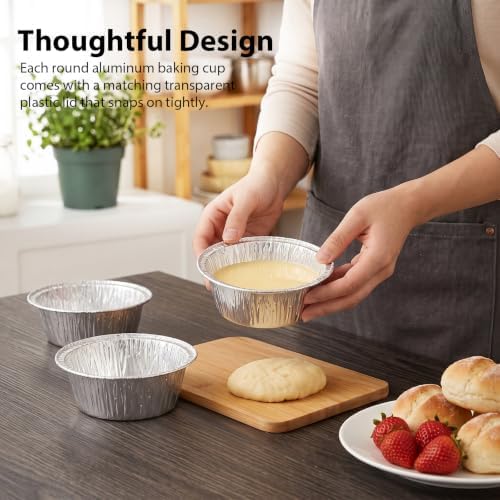 50 Pack Disposable Foil Baking Pans with Lids, 5 Inch Round Aluminum Baking Cups Mini Pie Pans Oven & Air Fryer Safe Foil Tins for Dessert, Individual Pot Pie, Meal Prep Party Wedding