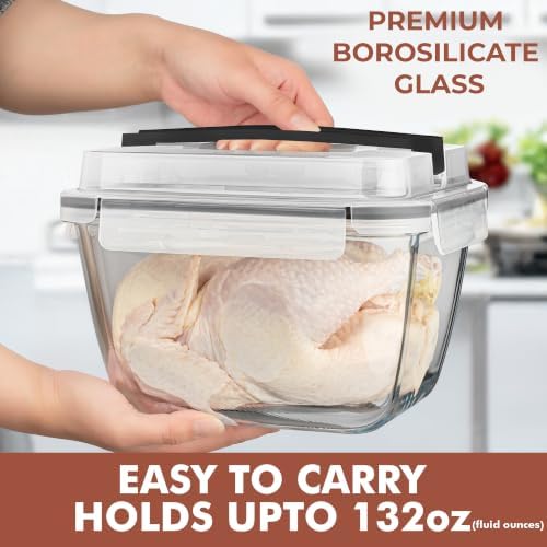 Razab 17 Cups / 132 Oz / 3900ml Large Glass Food Storage Containers with Lids - Leakproof, BPA-Free Large Meal Prep Container Ideal for Roasting Turkey, Store Leftover - Microwave & Oven Safe