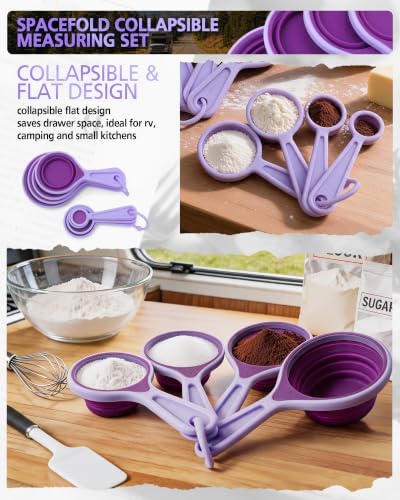 Collapsible Measuring Cups and Spoons Set, 8-Piece, Silicone, Space Saving