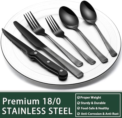 EWFEN 24-Piece Black Silverware Set with Steak Knives, Black Flatware Set for 4, Food-Grade Stainless Steel Tableware Cutlery Set, Mirror Finished Utensil Sets for Home Restaurant, Roman Column