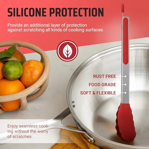 Kaluns Kitchen Tongs for Cooking Grilling Set of 4, BBQ Grill Tongs With Silicone Tip Stainless Steel Heat Resistant, Non-stick Pull Lock, Incl 7, 9, 12 Inch Tong Plus a Silicone Spatula