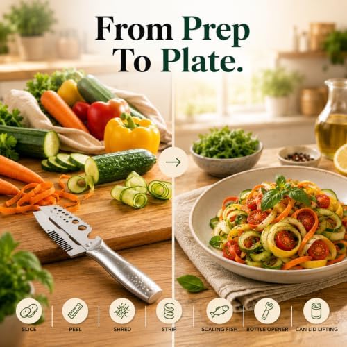 7-in-1 Multifunction Vegetable Peeler, Stainless Steel Kitchen Peeler with Bottle Opener, Fish Scaler, Herb Stripper, Scallion Shredder & Jar Lid Opener, Fruit Peeler Knife & Potato Peeling Tool