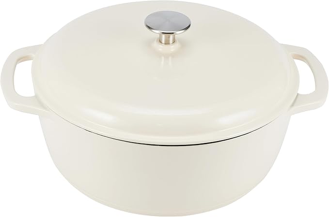 Amazon Basics Enameled Cast Iron Dutch Oven Pot with Lid, Oven Safe, Heavy-Duty, Dual Handles for Baking, Roasting, Stews, 4.3-Quart, White