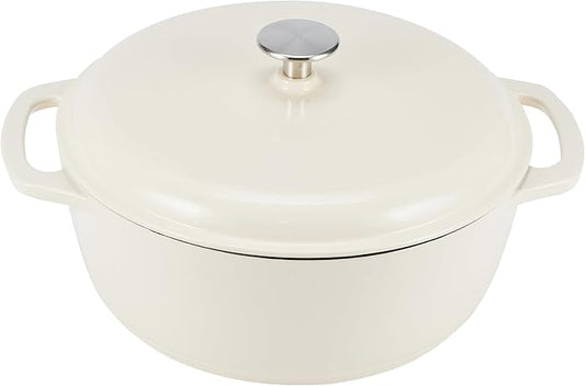 Amazon Basics Enameled Cast Iron Dutch Oven Pot with Lid, Oven Safe, Heavy-Duty, Dual Handles for Baking, Roasting, Stews, 4.3-Quart, White