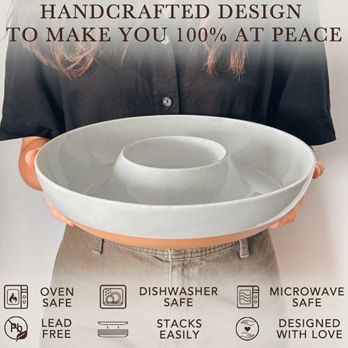 Mora Ceramic Chips and Dip Serving Tray: Large Divided Party Bowl Set for Chips & Salsa, Veggies & Dip, Fruit, Snacks, Entertaining, Hosting, etc. Minimalist Design for the Modern Hostess - Earl Grey