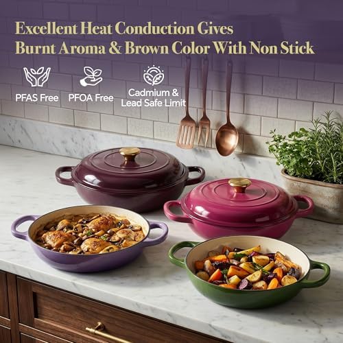 3 Quart Enameled Cast Iron Braiser, Non Stick Enameled Cast Iron Skillet with Lid, Dutch Oven Skillet with lid up to 500°F for Oven, Stove, Grill, Shallow Dutch Oven for Cook, Bake (Purple)