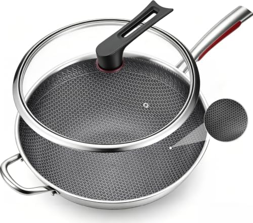 14-Inch Stainless Steel Wok Pan with Glass Lid - Tri-Ply Nonstick Wok & Stir-Fry Pan, PFOA Free Uncoated Cookware for All Cooktops, Induction Compatible, Flat Bottom