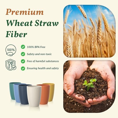 Homienly Wheat Straw Cups Unbreakable Plastic Cups Reusable Drinking Cups for Kitchen, Camping, Picnic, RV, Microwave & Dishwasher Safe Tumblers 16 oz Cups for Kids, Water, Juice, Set of 6 (Multi)
