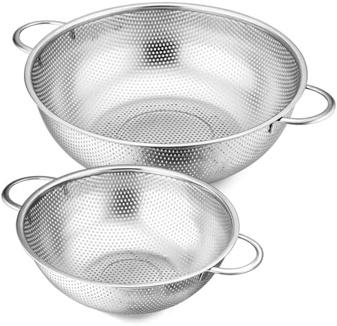 E-far 3QT & 5QT Colander Set of 2, Stainless Steel Micro-Perforated Colander Strainer with Handle for Kitchen/Draining Pasta/Rinsing Vegetables Fruits, Heavy Duty Metal & Dishwasher Safe
