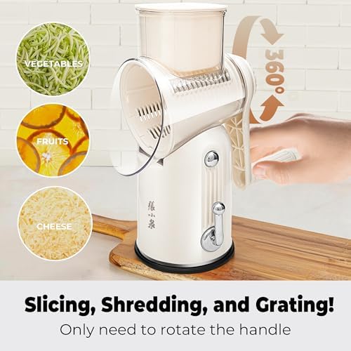 5 in 1 Rotary Cheese Grater, Beige Hand Crank Vegetable Cutter with 5 Stainless Steel Interchangeable Blades, Mandoline Slicer for Potatoes Onions Veggies Nuts