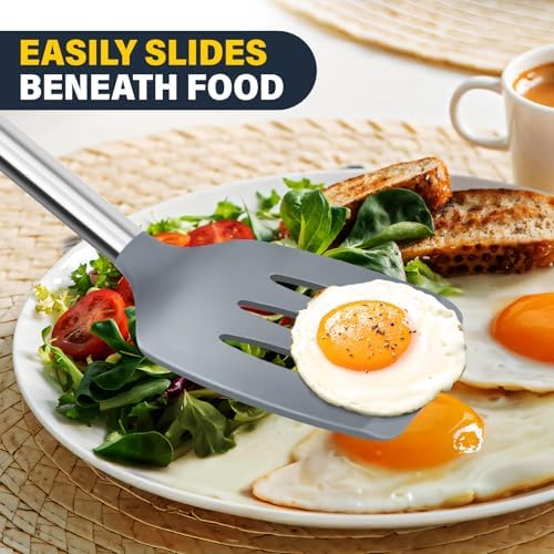 2 Pack Silicone Spatula Set, Solid & Slotted Turner for Non-Stick Pans, High Heat Resistant Silicone Spatula for Cooking, BPA-Free Stainless Steel Cooking Utensils for Fish, Eggs, Pancakes, Gray