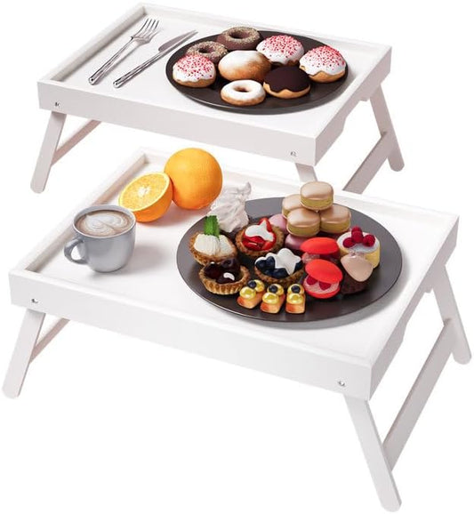 2 Pack Bamboo Bed Tray Table with Folding Legs,Breakfast Trays,Serving Tray for Food and Snack,Laptop Trays for Working(White)