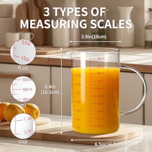 Luvan 34OZ/1000ML Glass Measuring Cup, 4 Cup Glass Measuring Cups With 3 Scales (Ml/Oz/Cup), High Borosilicate Measuring Cup With Handle and V-Shaped Spout, Dishwasher/Freezer/Microwave Safe