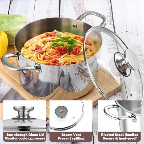 Herogo 4 Quart Stock Pot, 18/10 Stainless Steel Cooking Pot with Lid, Tri-Ply Pasta Stockpot with Handles, 4 QT Stockpot for Induction Gas Electric Stove, Dishwasher Safe