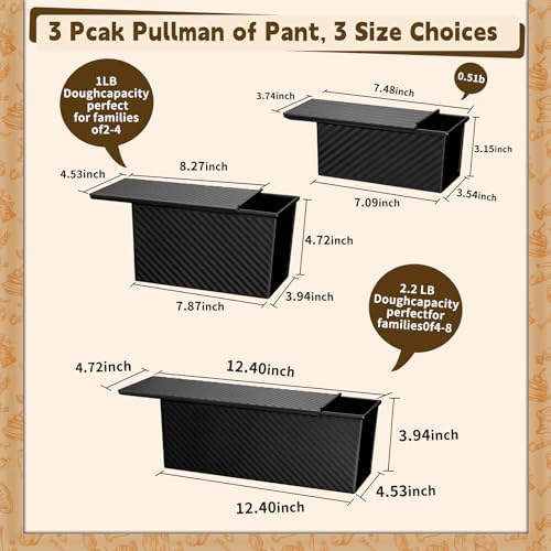 3 Pack Pullman Loaf Pan with Lids, Non-Stick Bread Loaf Pan, Heavy Duty Carbon Steel Corrugated Toast Box for Baking, Square Bread Pans for Homemade Sandwich, Bakeware (Black)