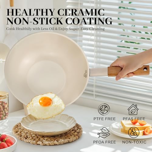 MARSKITOP Ceramic Wok with Lid, 9.5 Inch Stainless Steel Nonstick Stir Fry Pan with Wooden Handle, Compatible with All Stovetops, PFAS Free
